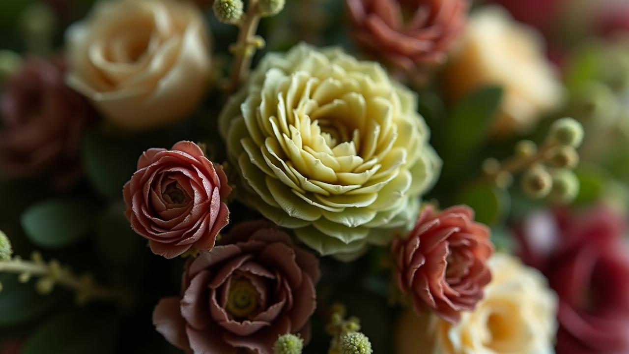 Primer plano de un arreglo floral elegante y natural de Taiga Petal