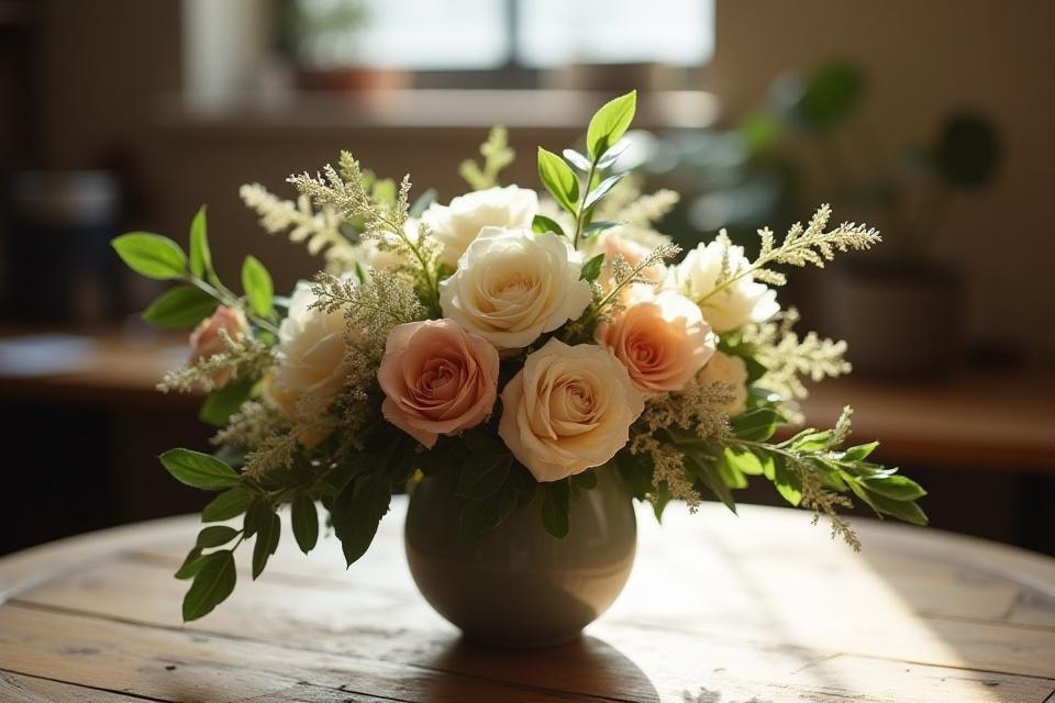 Un elegante arreglo floral de Taiga Petal con un toque moderno y natural sobre una mesa rústica
