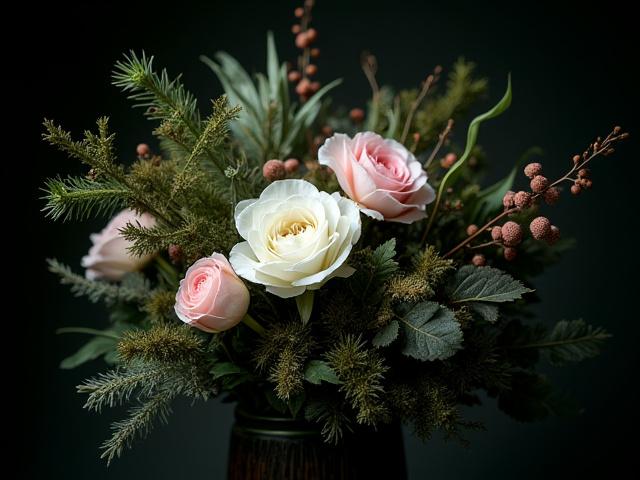 Delicado arreglo floral inspirado en la naturaleza de la taiga